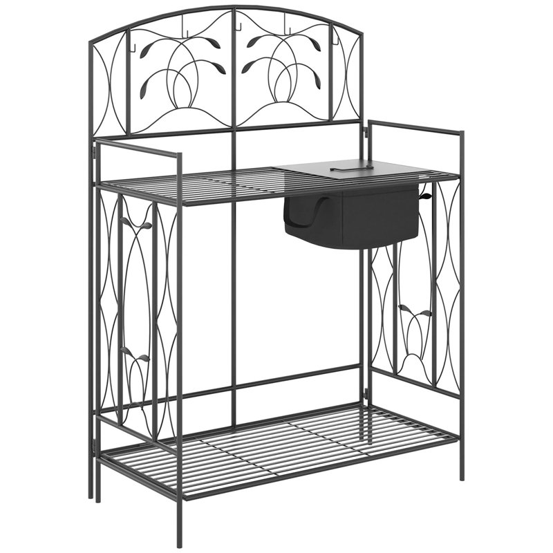 Portable Foldable Garden Work Bench, Tool Hangers & Storage Shelf Water-draining Design Back-friendly Raised Tabletop For Patio Lawn Gardening Tasks