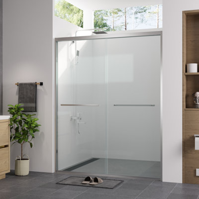 1/4"  6Mm  Chamfer - Edged Tempered Glass Double Sliding Shower Enclosure With Finished Frame, Adjustable Width And Waterproof For Bathroom 56 60" Door Glass, Rust Hardware, American Design
