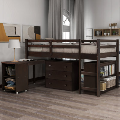 Twin Low Loft Bed with Rolling Desk, Storage Cabinet, Bookshelf, Drawers, Guardrails, No Box Spring Needed - Espresso