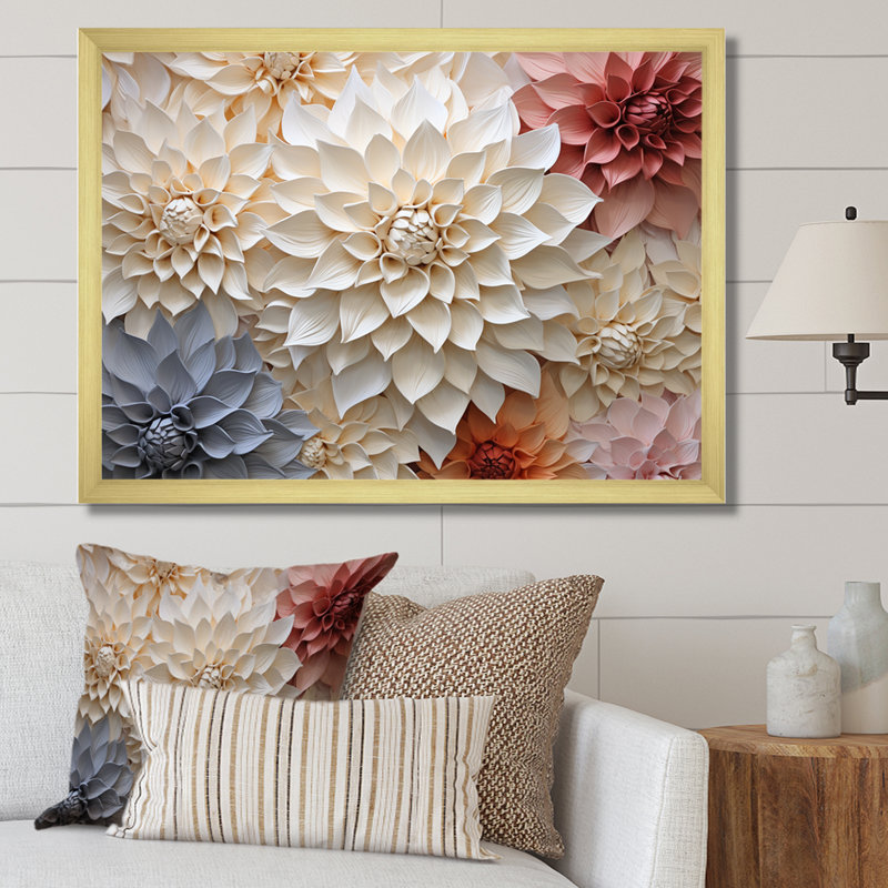 Bouquet de fleurs de dahlia I sur toile, Cadre doré simple, H 24 po x l 32 po x P 1 po