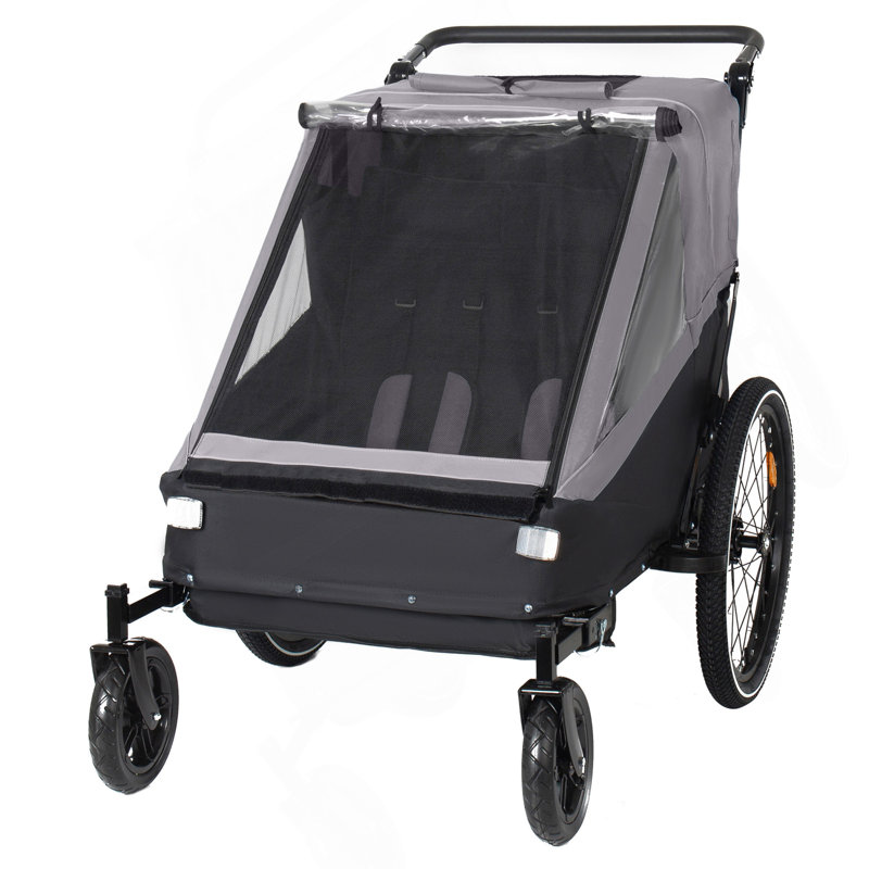 Remorque et poussette 2 en 1 pour enfants pour 1 à 2 enfants, fonction de jogging, rangement compact pliable avec attache de vélo universelle, harnais à 5 points et sacs de rangement, gris
