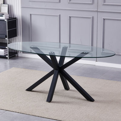 Oval Glass Top Metal Base Dining Table