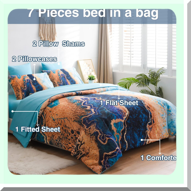 Mountain Marble Watercolor Comforter Set - Retro Style 7pcs Bedding Set for Queen Size Bed - Ultra Soft Bed in a Bag with Burning Mountain Print