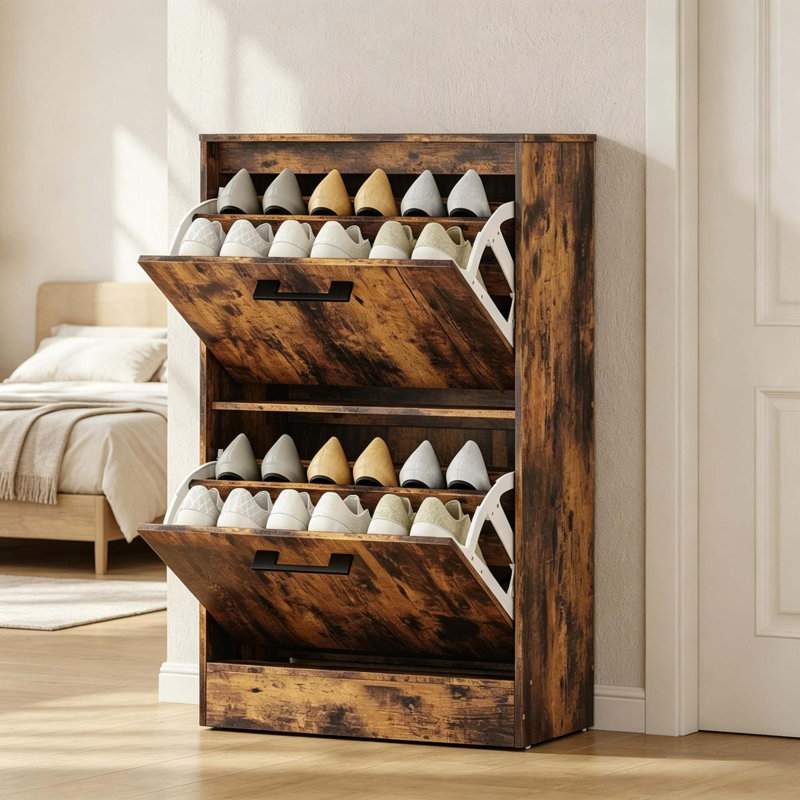 Armoire de rangement pour chaussures réglable avec tiroirs rabattables et grande capacité, Rustic Brown