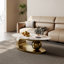 Table basse de luxe en pierre frittée ovale, plateau de table à effet marbré de L 51,2 po x l 27,5 po avec base en acier inoxydable doré poli et décor sphérique, centre de table glamour moderne pour le salon, résistant aux taches et aux égratignures-1126716959-1126716956