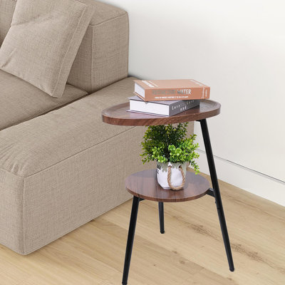 Side Table Small End Table, Oval Round Wood Sofa Table, 2 Tier Accent Table Nightstand Bedside Table With Metal Frame(Rustic Brown)