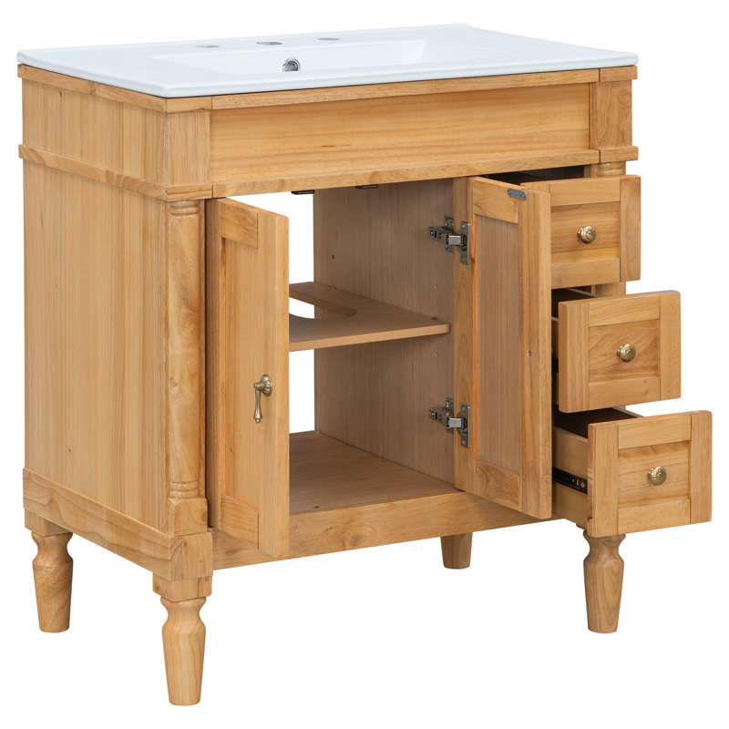Meuble-lavabo autoportant, structure en bois massif et lavabo en céramique, 30", Bois