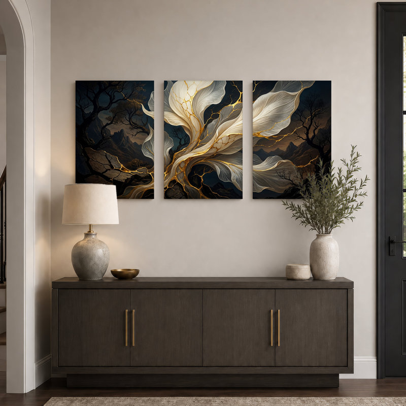 Ensemble de 3 toiles abstraites blanches et dorées, H 36 po x l 24 po x 3 pièces