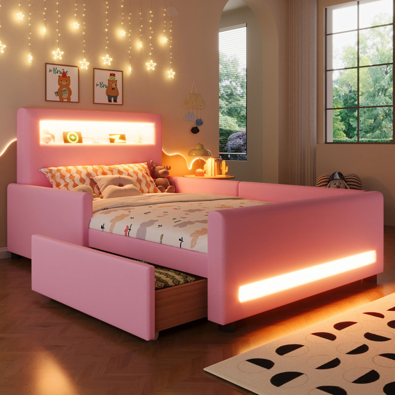 Lit simple tapissier avec tiroir et bande lumineuse à DEL et port USB, Pink