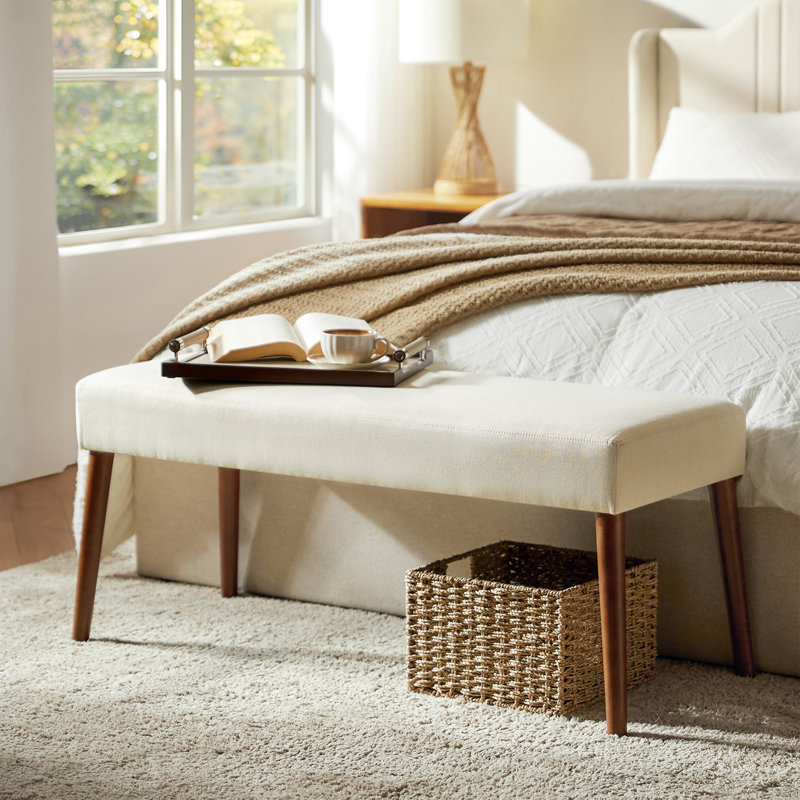 Duplessis 44"W Modern Bench with Solid Wood Legs and Foot Pads, Ivory