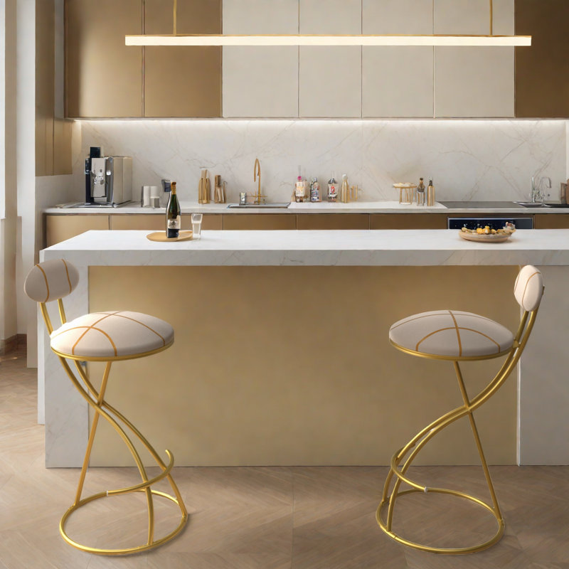Ensemble de 2 tabourets de bar ronds modernes avec dossier en velours et structure en métal, Doré