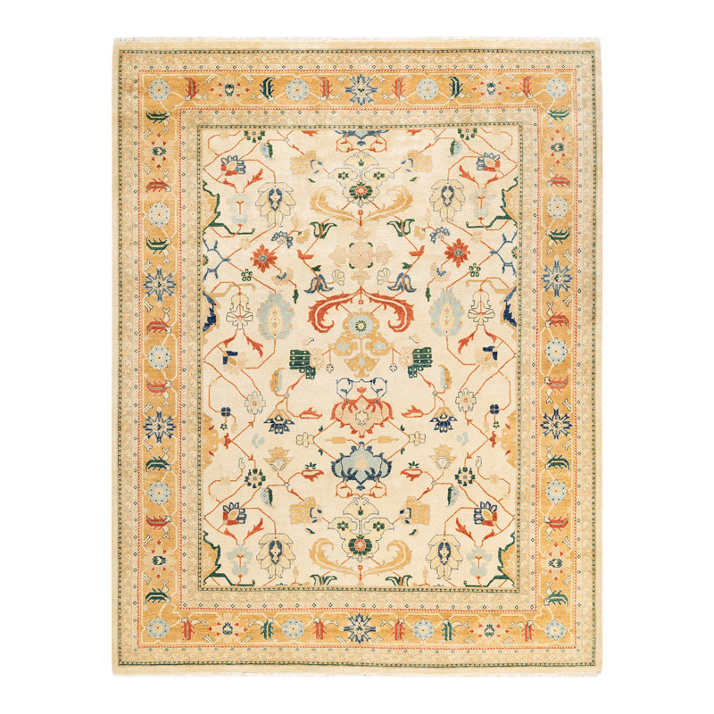 Tapis unique noué à la main ivoire / orange / vert Shirlane de 8 pi 1 po x 10 pi 3 po Shirlane