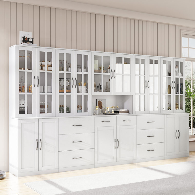 71" H X 126" W Bookcase Cabinet With Glass Doors And Large Storage Drawers(2C+2D+E), White