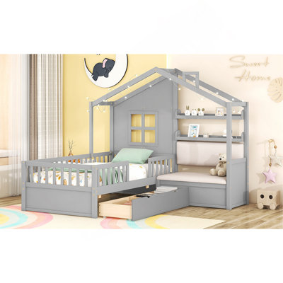 Twin Size House Bed With Sofa, Kids Platform Bed With Two Drawers And Storage Shelf