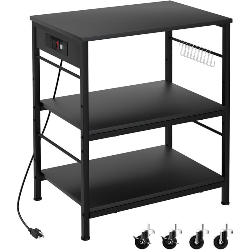 Étagère de cuisine à 3 niveaux avec prise de courant, support pour four à micro-ondes et chariot de rangement avec roues, table basse avec 10 crochets en S pour la cuisine, la salle à manger ou le bureau - noir