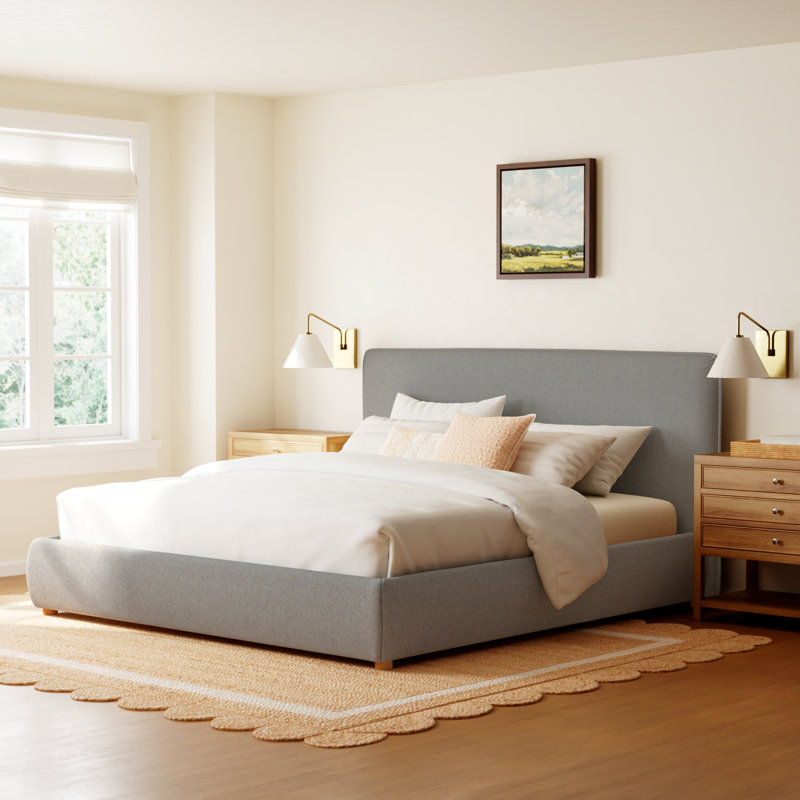 Callahan Upholstered Platform Bed, King, Light Gray Linen