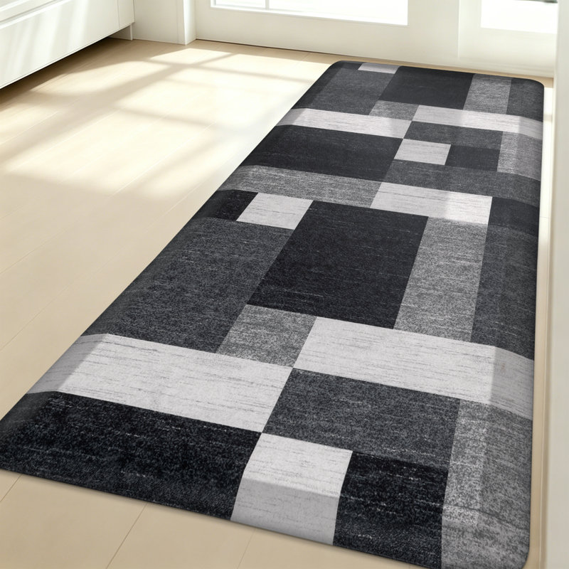 Tapis de cuisine antidérapant, Tapis de couloir 22 po x 54 po, White/Black/Grey