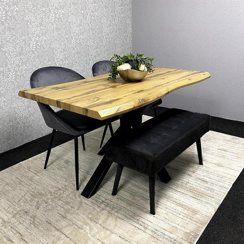 Wood Dining Set with Tufted Velvet Chairs & Black Velvet Bench, 75"H x 140"L x 80"W