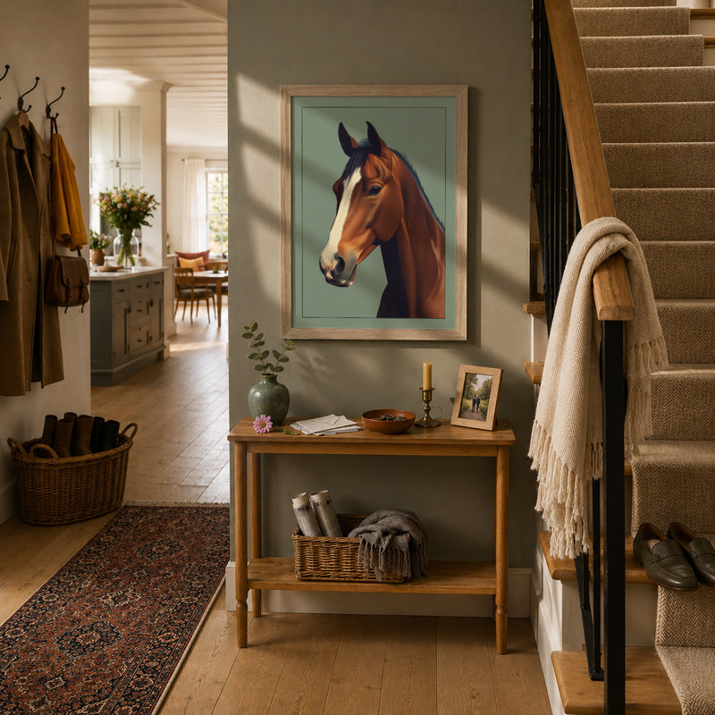 Bay Horse Portrait Modern - Framed Print, A4 - 29.7 x 21.0 cm, Oak