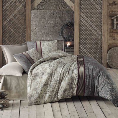 Ensemble de housse de courtepointe luxueuse très grand (comprend 2 taies d'oreiller), crème, beige, gris, rouge bordeaux et blanc | Housse de couette 65% coton / 35% polyester: 102,4 po x 86,6 po | 127 fils, lavable à la machine, conception élégante avec fermeture à boutons