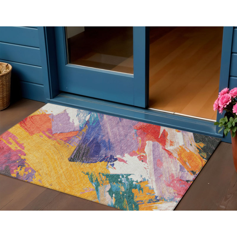 Tapis extérieur lavable abstrait mauve et bleu sarcelle 3 pi x 5 pi