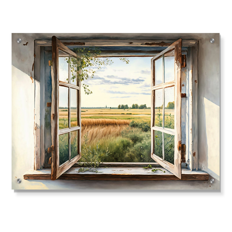 «Window to Landscape Views IV», art mural acrylique paysage de ferme, H 12 po x l 20 po