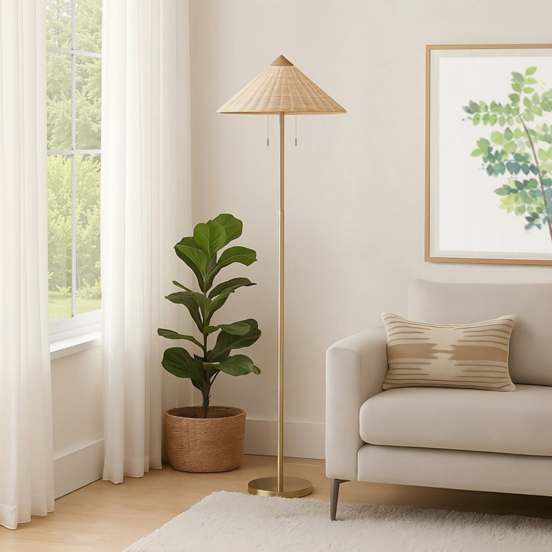 Lampe sur pied 65,4 "en rotin 2 lumières avec abat-jour conique et chaînettes