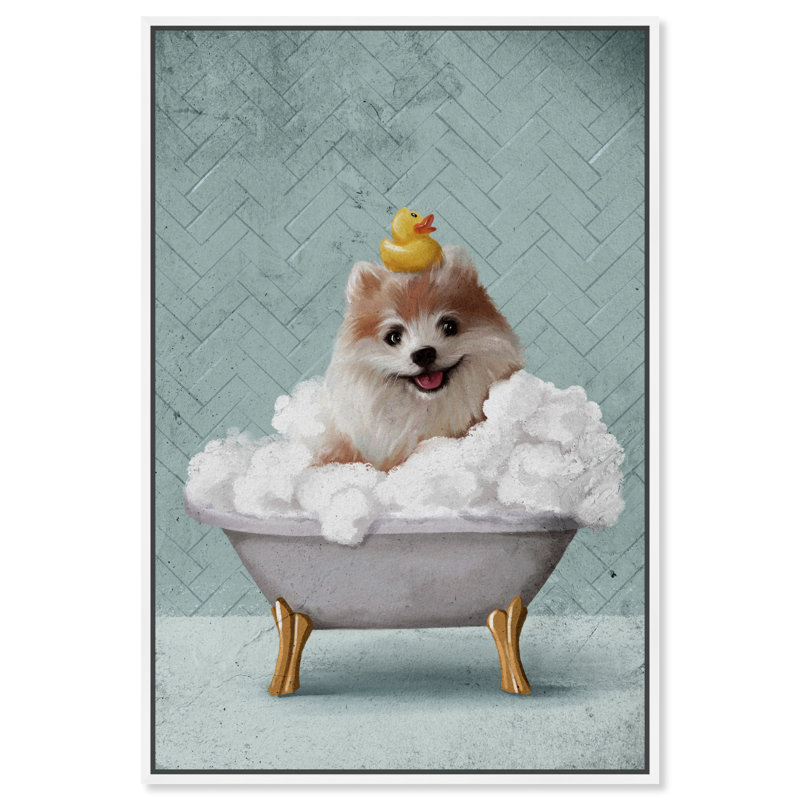 Bathtime Pupper - peinture sur toile à cadre flottant, H 54 po x l 36 po, Cadre blanc