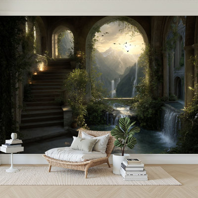 Peel and Stick Wallpaper 144" W x 100" H Modern Self Adhesive Wall Mural for Bedroom Princess Castle Waterfalls Mountain Stone Stairways Sunset Sky Misty
