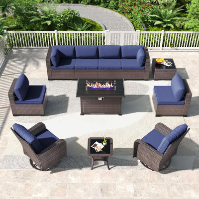 8 - Person Outdoor Furniture Rattan Patio Set With PE Rattan Base Fire Pit Table And Coffee Table
