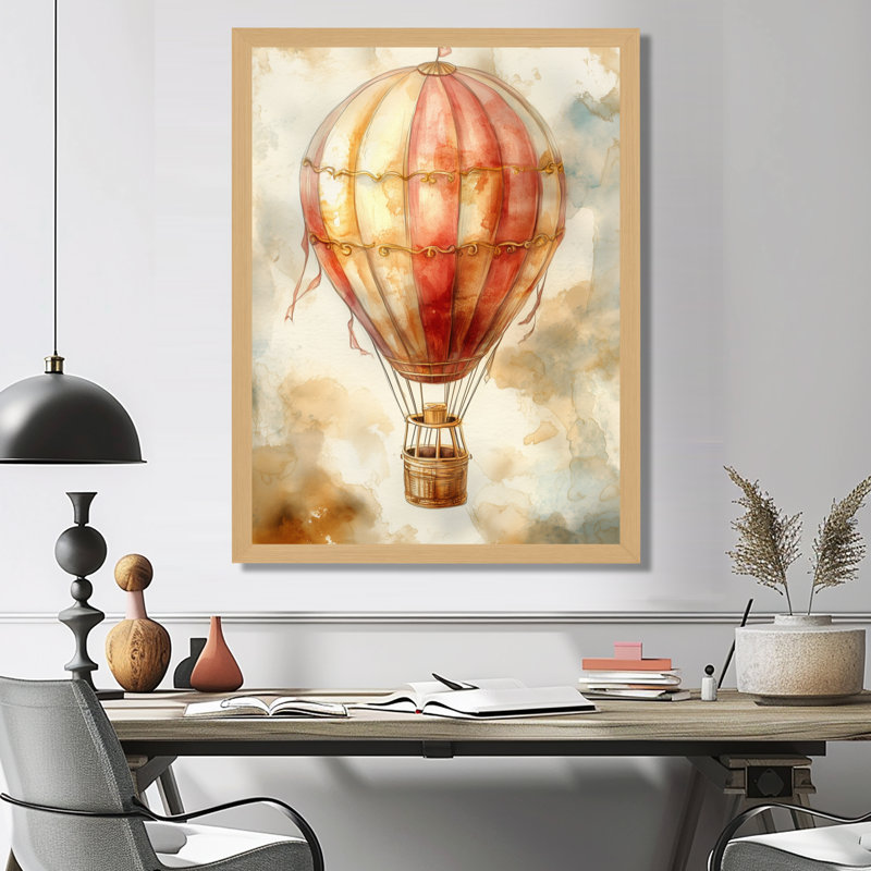 Ballon orange au-dessus des nuages ​​du matin I - Tableau encadré de style rétro transport, H 32 po x l 16 po