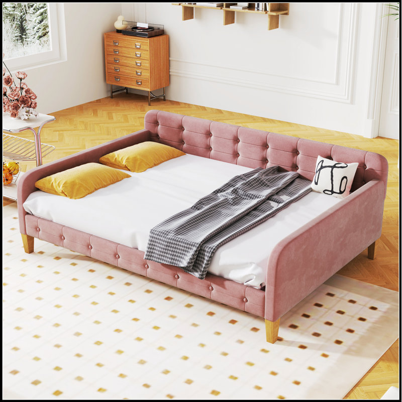 Lit de jour rembourré avec 4 pieds de soutien, structure durable et design élégant pour le confort et le style, Rose