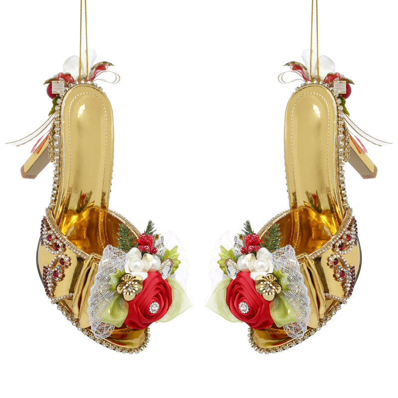 Chaussure dorée, ensemble à enfiler avec ornement fleurs - 3 x 7 pouces