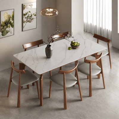 Rectangular rock slab solid wood table set