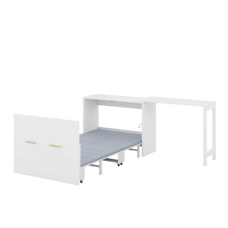 Murphy Bed Cabinet With Movable L-Shaped Desk And Cushion, White