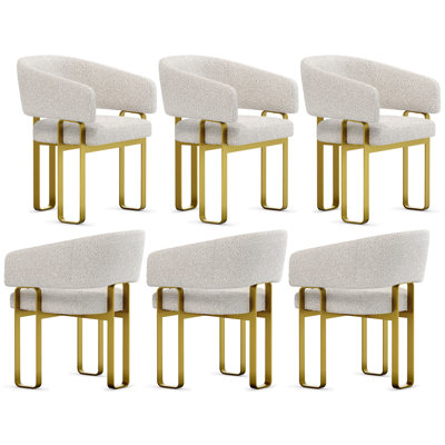 Ensemble de 6 chaises de salle à manger rembourrées blanc cassé avec accoudoirs et pieds en métal doré brossé
