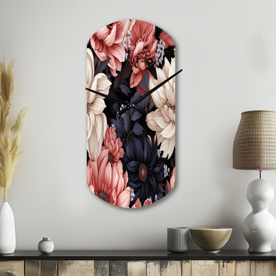 Light Pink And Pink Flowers  Pattern - Floral Asymmetrical Metal Wall Clock, Pink Cylinder Clock Print