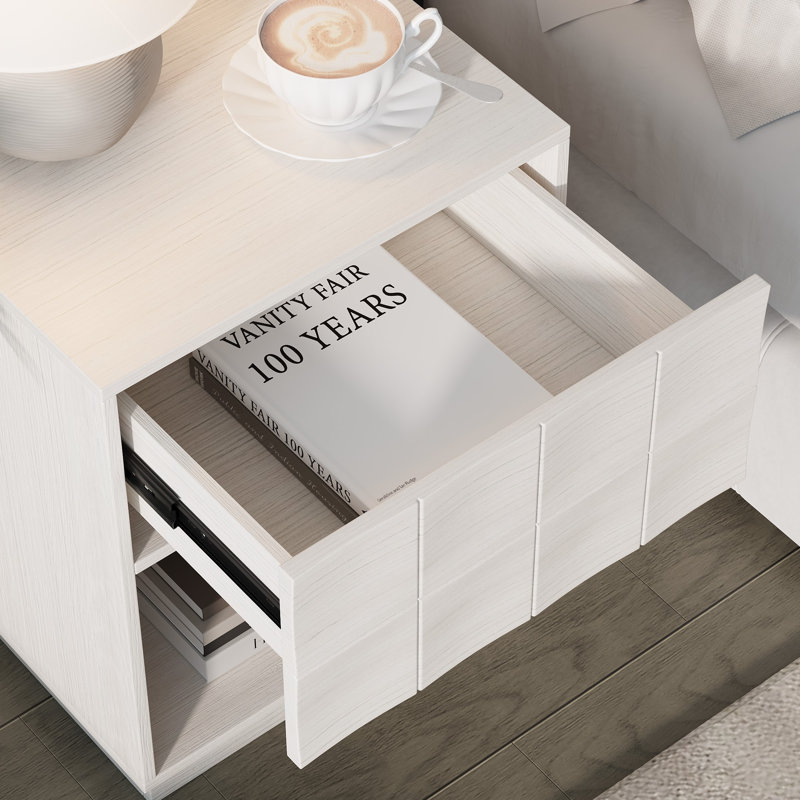  Nightstand,Modern Wooden Bedroom Storage End Table With Drawer And Open Shelf,Bedside Table Night Stand For Bedroom,Living Room,Off-White