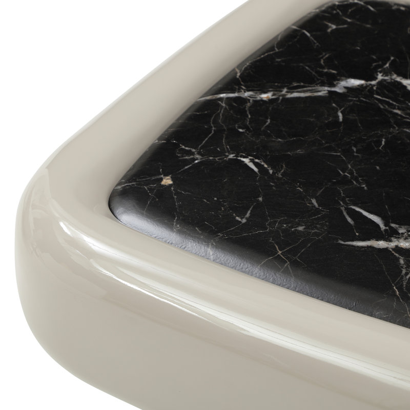 Table basse carrée moderne en marbre crème et noir - Entièrement assemblée - 89 cm de large