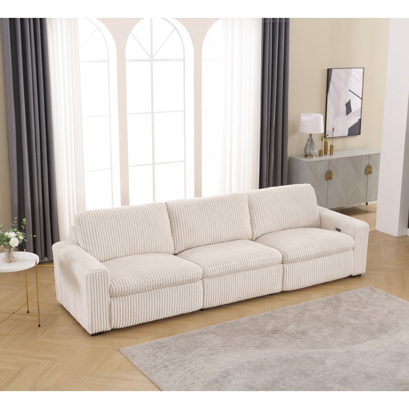 Arealious 123.2'' Wide Modern Corduroy Square Arm Power Reclining Sofa With USB Port, Alabaster White Corduroy