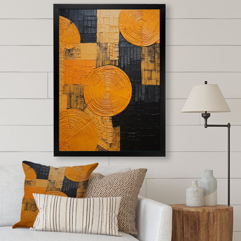 Poterie artistique jaune - décoration murale abstraite, Cadre simple noir, H 32 po x l 24 po x P 1 po