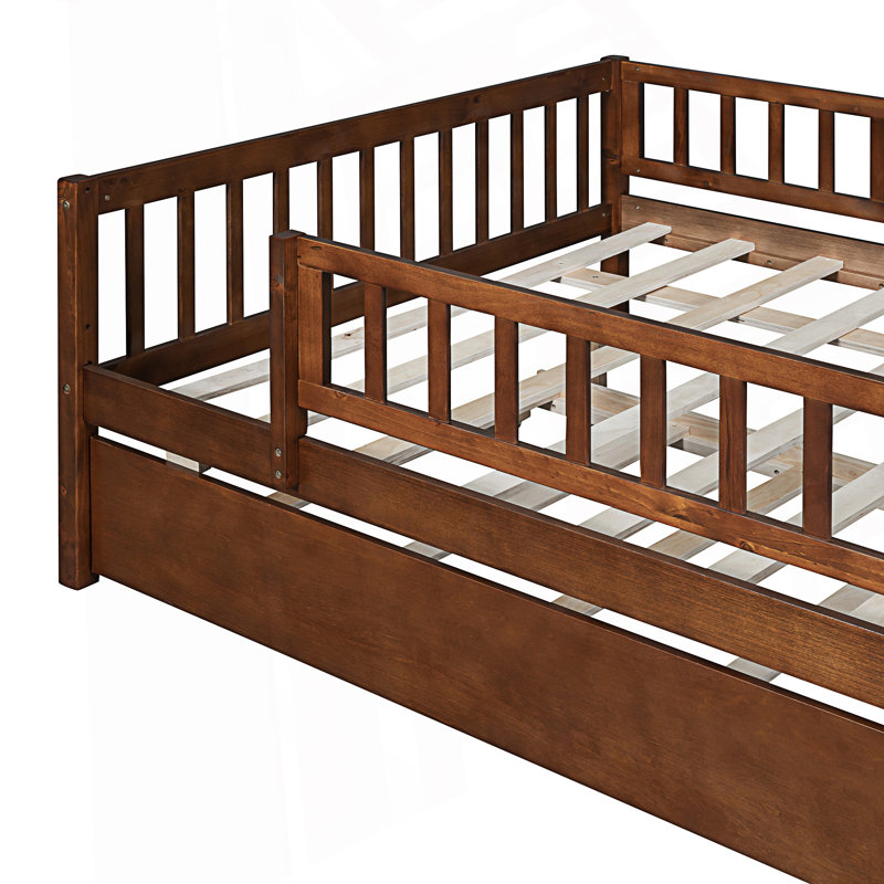 Full Size Daybed With Trundle And Fence Guardrails, Day Bed, Full/Double, Cherry