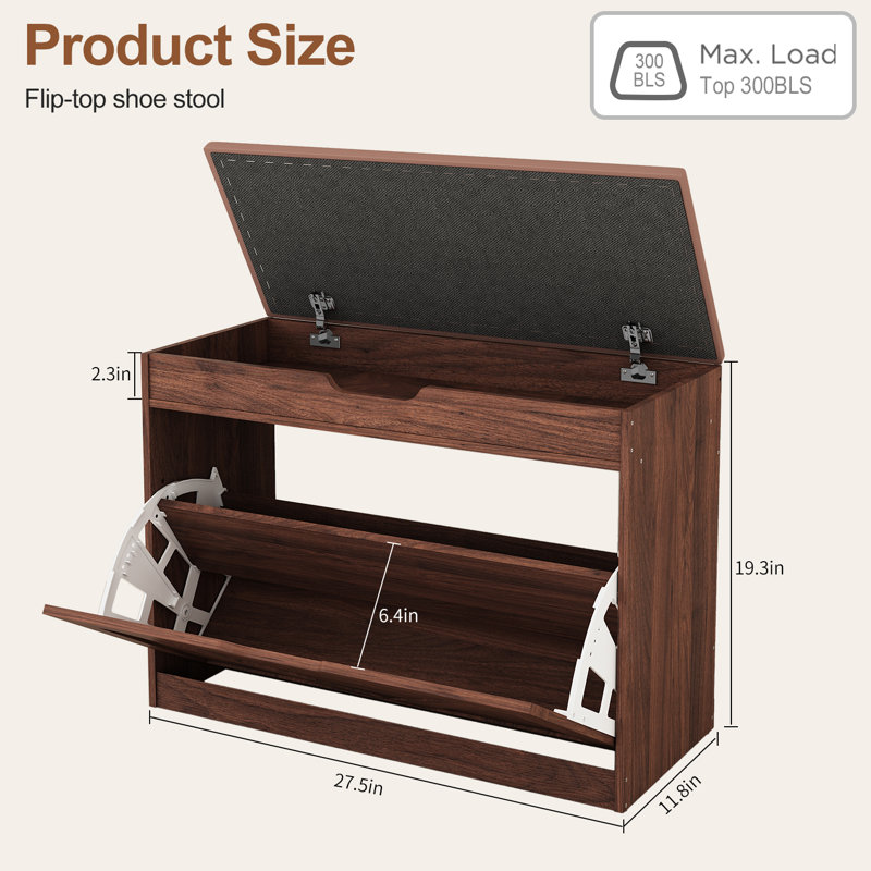 2-Tier Adjustable Shoe Cabinet,Upholstered Shoe Storage Bench With Cabinet, Dark brown