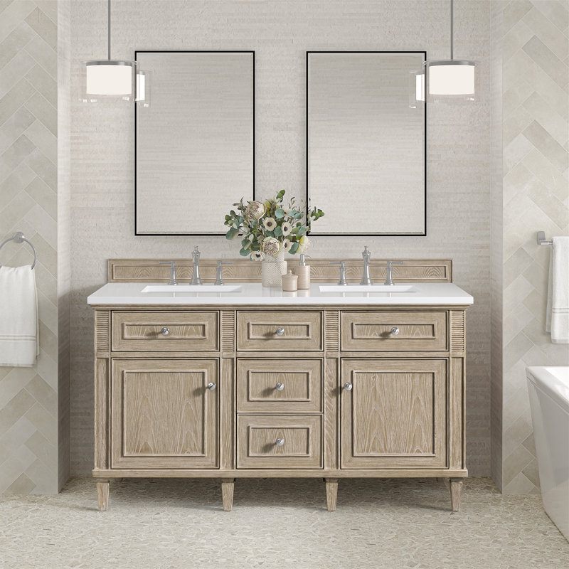 Lorelai 60'' W Double Vanity, Whitewashed Oak, White Zeus, 8" Widespread