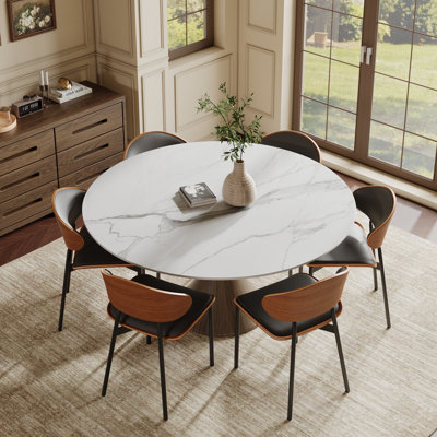 Ensemble de table de salle à manger 6 personnes avec table ronde 53 po / 59 po et 6 chaises de salle à manger rembourrées en cuir