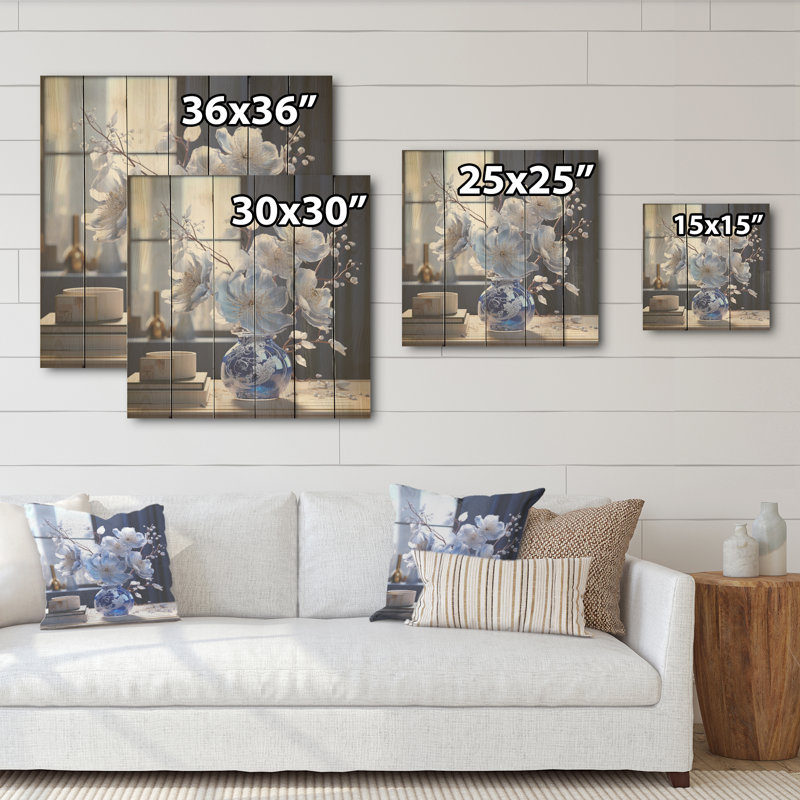 Arrangement de fleurs d'hibiscus bleu azur - Art mural en bois d'hibiscus sur bois de pin naturel, H 25 po x l 25 po