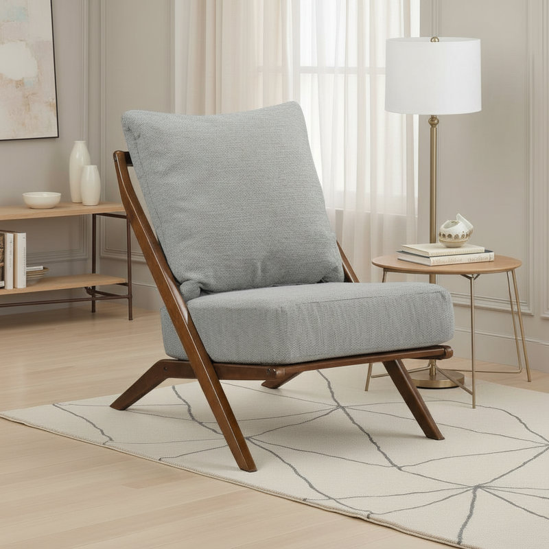Vestavia 25.5" Mid-Century Modern Accent Chair with Chenille Fabric Upholstery, Solid Rubberwood Frame, Reversible Cushions