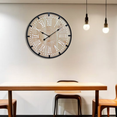 Horloge murale rustique en bois avec cadre en fer (blanc, 24 pouces)