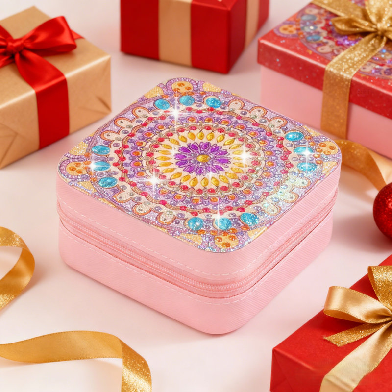 1/4 pièces organisateur de bijoux en diamant, boîte de rangement de mandala bricolage portable, étui de rangement pour collier de bagues, boîte d'art en diamant en cuir PU 4 pièces par ensemble, taille unique
