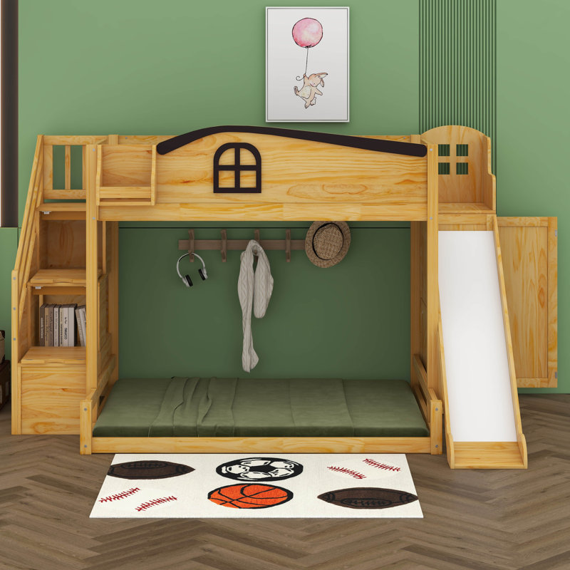 Twin Over Full Bunk Bed With Slide And Staircase, Storage Shelf And Wardrobe,  Wood Loft Bunk Bed With House Design Safety Guardrail